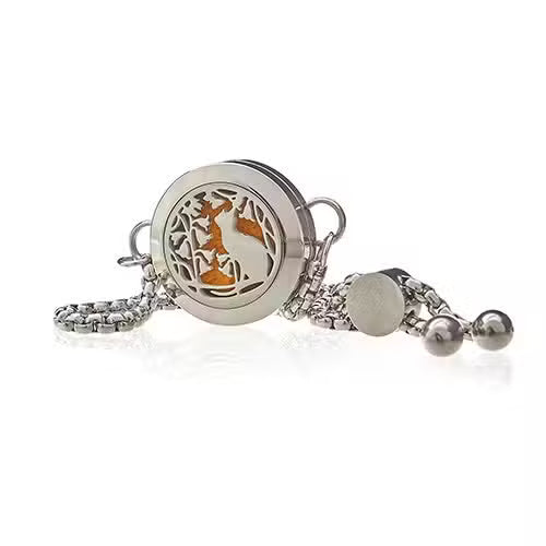 Aromatherapy Jewellery Chain Bracelet - Cat & Flowers - 20mm - Stainless Steel
